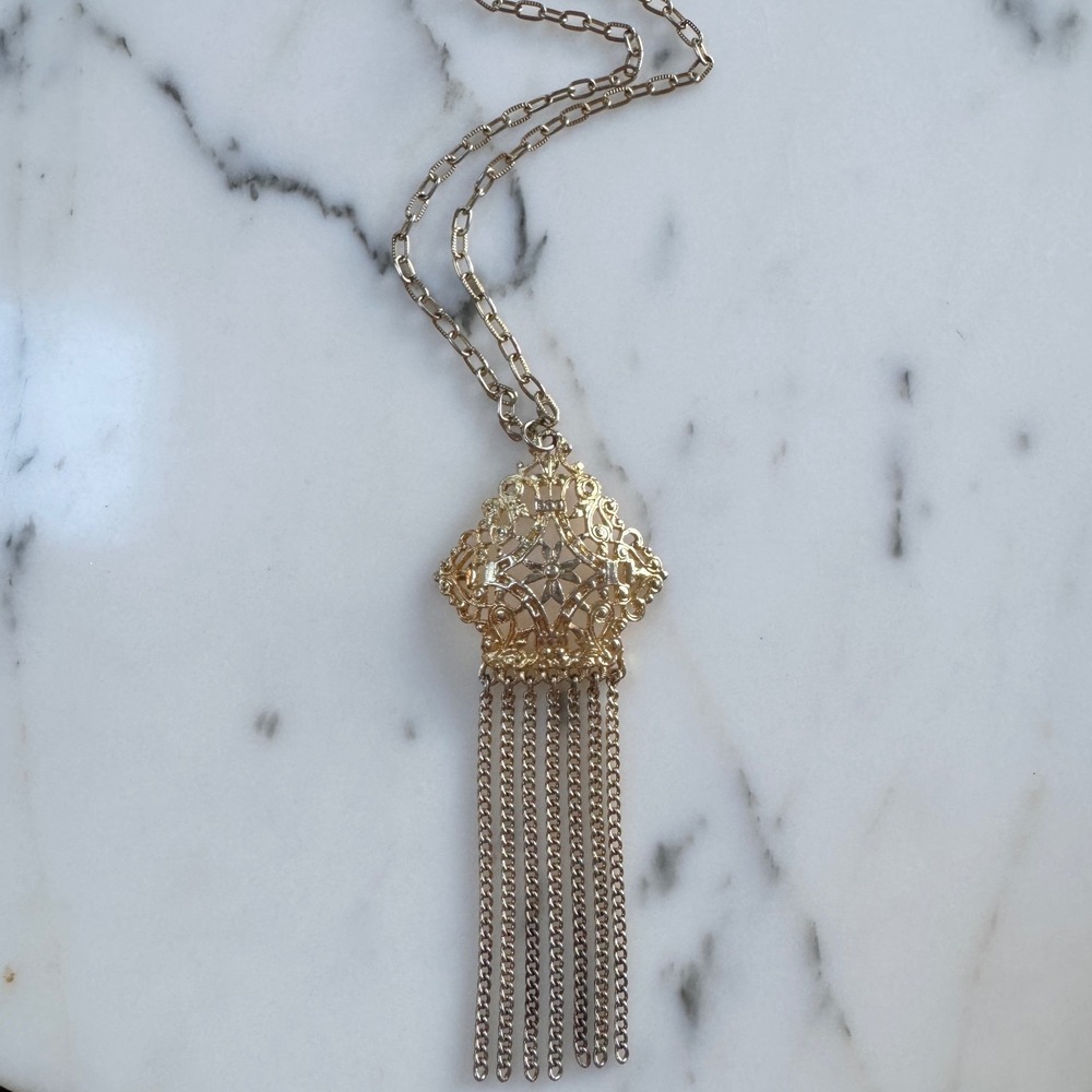 Vintage Boho Style Tassel Statement Necklace Gold Tone Festival Estruscan Mogul - Picture 6 of 9